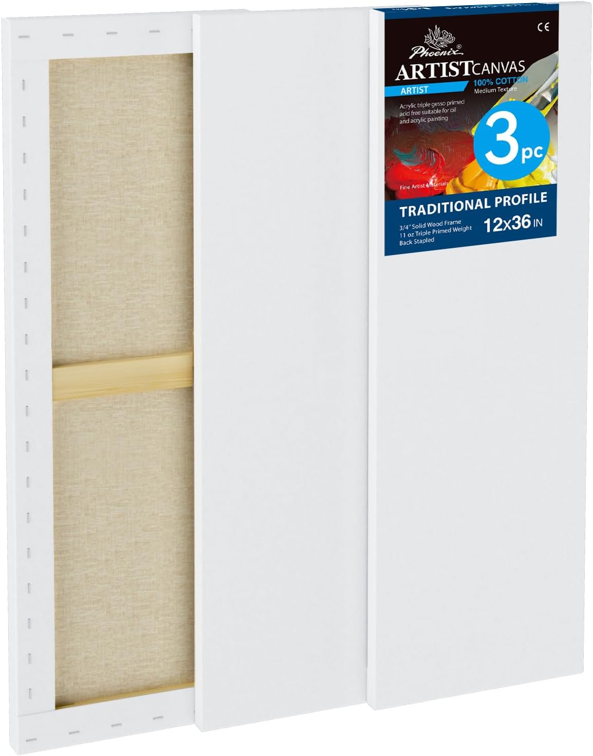 PHOENIX 12x36 Inch 3 Pack Artist Canvas - Large Skinny Stretched Canvases for Painting - 3/4 Inch Profile, 100% Cotton 11 Oz. Gesso Primed White Blank Professional Canvas Oil & Acrylic Paints