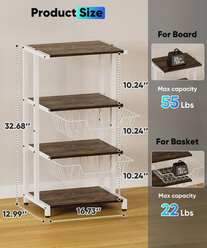 Media Stand with Two Detachable Baskets, 4-Tier AV Media Stand Corner Shelf for DVD Players/Cable Boxes/Games Consoles, Audio Storage Rack for Living Room, Gaming Room, Music Studio, White