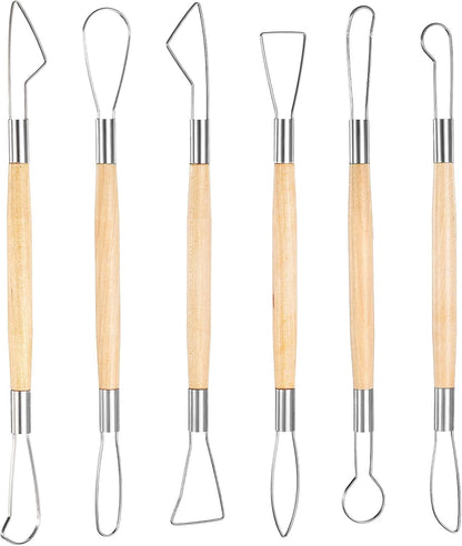 6Pcs Clay Sculpting Tools Ceramic Pottery Clay Ribbon Sculpting Tools Wooden Handle Sculpting Tools Kit Pottery Trimming Detail Tool Wire Loop Sculpture Set for Wax Carving Modeling