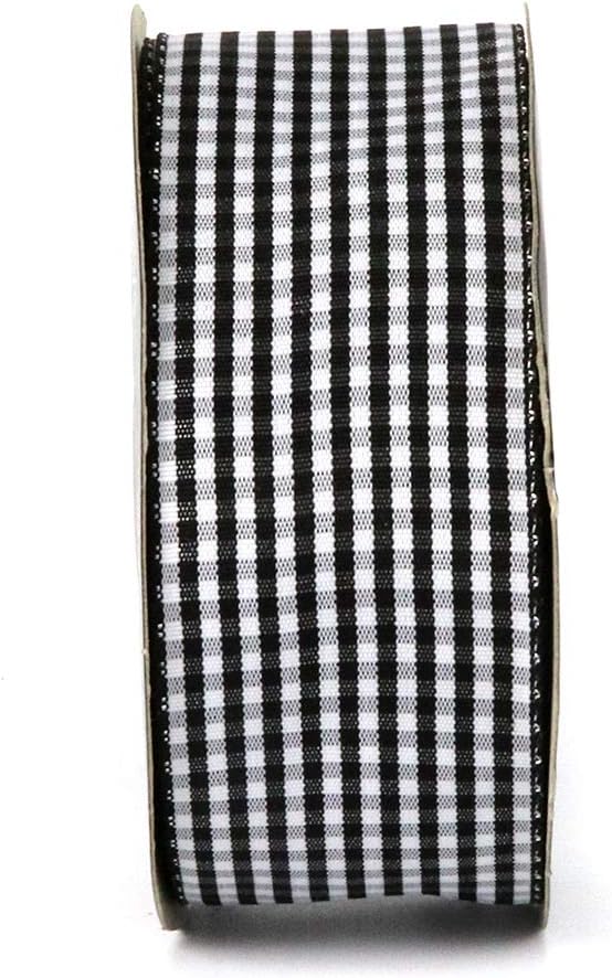 1.5 Inch Black and White Woven Edge Gingham Ribbon 25 Yards Each Roll 100% Polyester (1-1/2", Black) - Crafty Corner