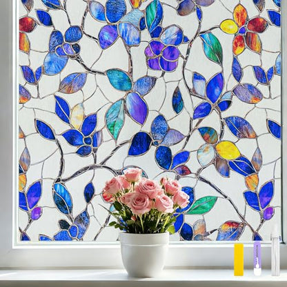 Colorful Leaf Static Cling Window Film Frosted Stained Glass Privacy Anti