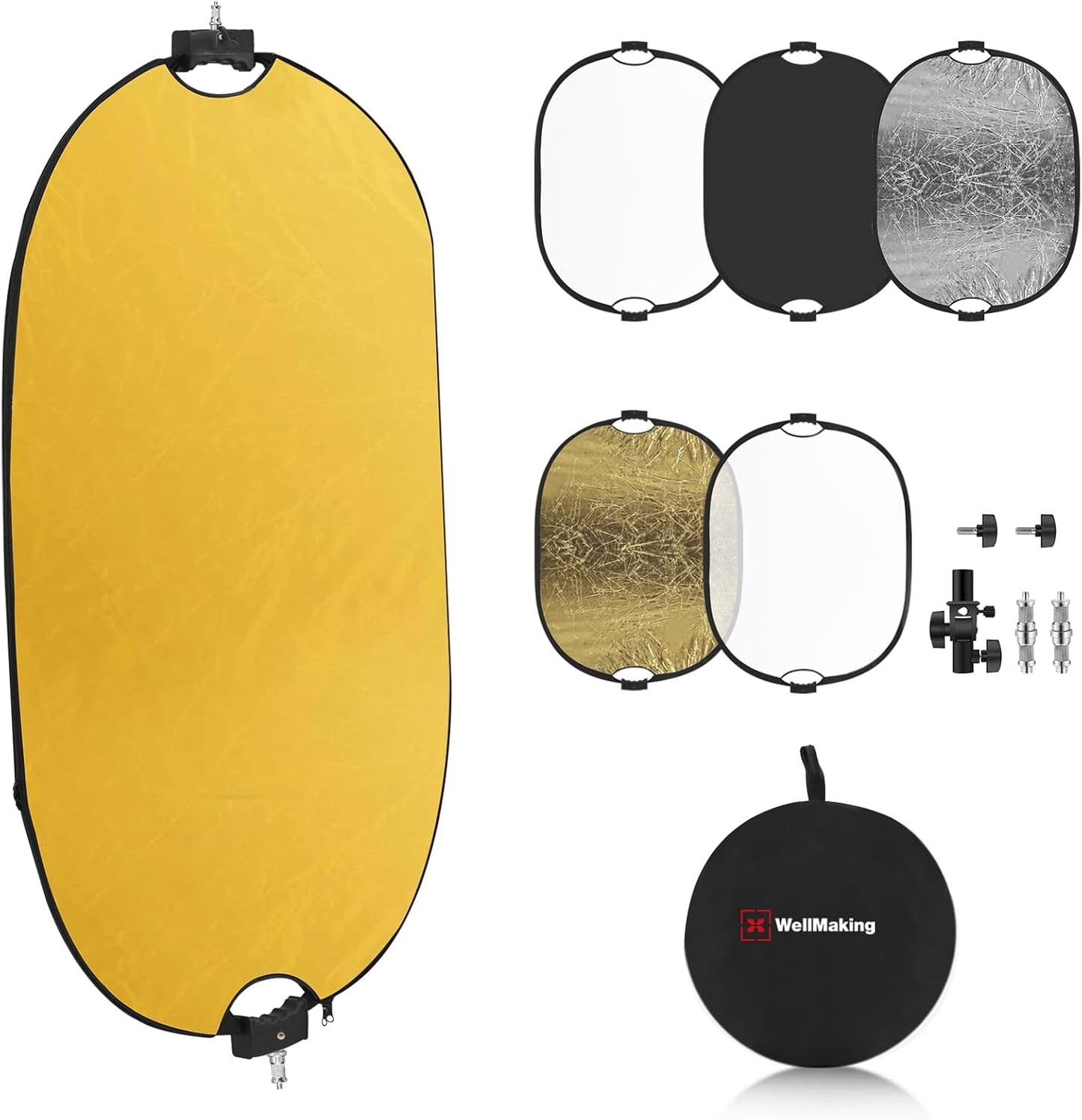 WELLMAKING 35''x47'' (90x120cm) Reflector Photography with Threaded Handle, Collapsible Light Reflector with Bag & tilt Adapter, 5in1 Reflector for Studio - Translucent, Silver, Gold, White and Black