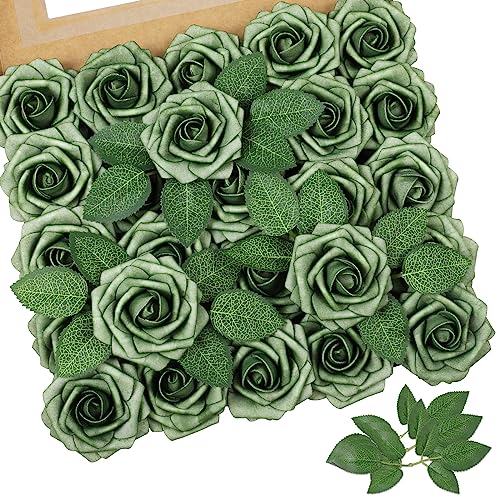 Green Rose 25pcs Real Looking Artificial Flowers w (25 Count)