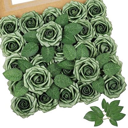 Green Rose 25pcs Real Looking Artificial Flowers w (25 Count)