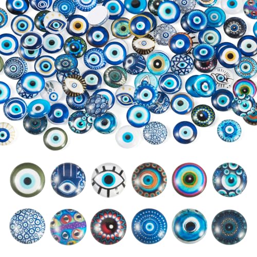 100Pcs 12mm Transparent Glass Cabochons Mixed Blue Evil Eye Printed Cameo Dome Tiles Flat Back Glass Covered Dome Tiles for DIY Bracelets Necklace Scrapbooking Art Crafts
