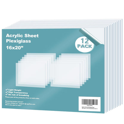 Egofine Plexiglass Sheets Acrylic Sheets 12 Pack of 16x20’’ 0.04 Thick Clear Plastic Cast Transparent Plexi Glass for Crafting Projects, Replacement Picture Frame Glass, DIY Display, Easy to Cut