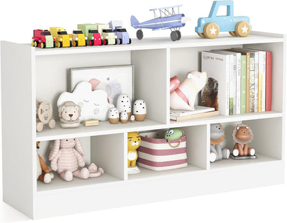 KOTEK Toy Storage Organizer, 5 Cubby Kids Bookshelf, Wooden 3-Tier Bookcase Storage Cabinet, Open Display Book Shelf for Daycare, Nursery, School Classroom, Living Room & Bedroom (White, 5 Cubes)