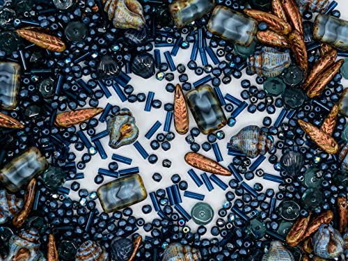 2.1oz (60 g) Mix of Unique Czech Bohemia Glass Pressed Beads, Dark Blue, Table Cut, Matte and Glossy, Faceted Fire Polish, Hand Made Set Kit BCV (2.1164 Ounce)