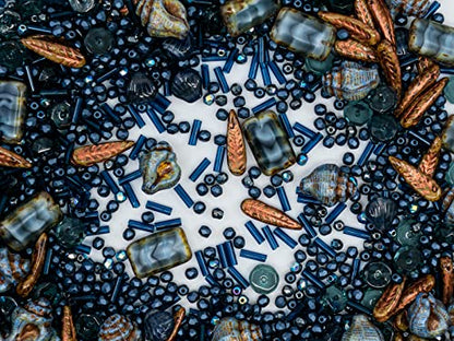 2.1oz (60 g) Mix of Unique Czech Bohemia Glass Pressed Beads, Dark Blue, Table Cut, Matte and Glossy, Faceted Fire Polish, Hand Made Set Kit BCV (2.1164 Ounce)