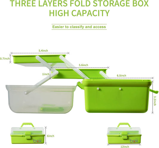 12in Three-Layer Multipurpose Storage Box Folding Tool Box/Art & Crafts Case/Sewing Supplies Organizer/Medicine Box/Family First Aid Box with 2 Trays (Green)