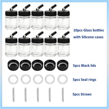 10pcs Airbrush Glass Bottles(60°Down Angle) 3/4oz 22cc with Jar Caps and Extra Lids O-Rings Straws,Airbrush Paint Storage Jars,for Dual Action Airbrush