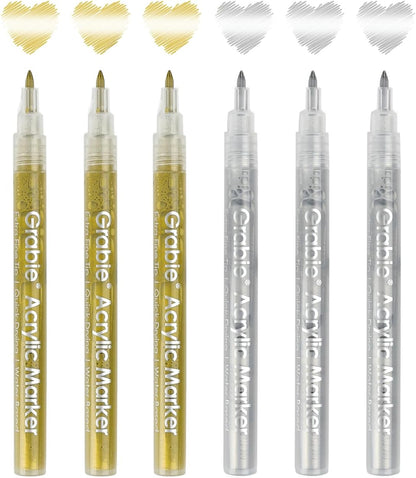 Grabie Gold&Silver Extra Fine Tip Acrylic Paint Marker Set, 6 Pack Gold Paint Markers, 0.7mm Acrylic Paint Pens for Black Paper, Halloween Pumpkin, Christmas DIY, Silver Pen(Gold&Silver)