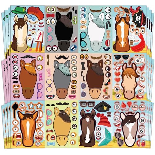 48 Pcs Make A Horse Sticker Sheets Mix and Match for Kids Horse Party Favors Supplies Birthday Gifts Activity Crafts (48 Count)