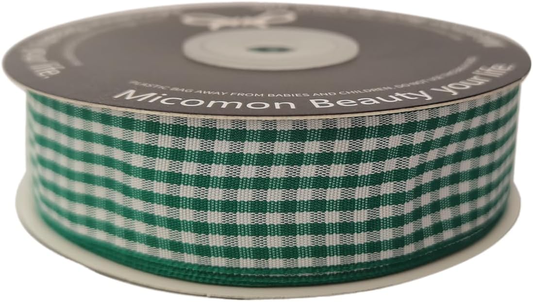 Green and White Woven Edge Plaid Ribbon 100% Polyester Gingham Ribbon 25 Yards Each Roll (1",Green) - Crafty Corner