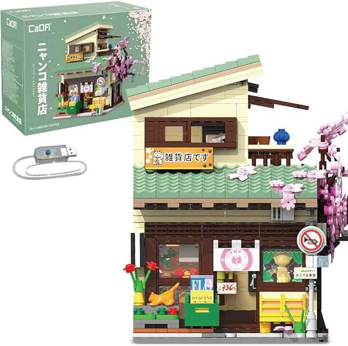 CaDA Japanese Style Cat Grocery Store House Building Set, Master C66015W City Street Brick Kit with Lights, 8921PCS Modular House Idea Gift for Adults