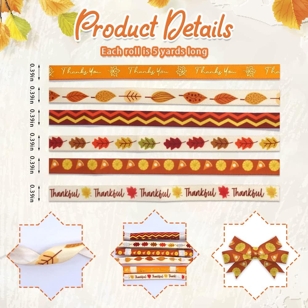 6 PCS Thanksgiving Fall Ribbons - 3/8'' Width Pumpkin Orange Satin Metallic Words Maple Leaves Craft Ribbons for Gift Wrapping & Decorations - Crafty Corner