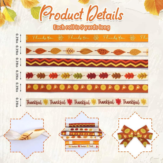6 PCS Thanksgiving Fall Ribbons - 3/8'' Width Pumpkin Orange Satin Metallic Words Maple Leaves Craft Ribbons for Gift Wrapping & Decorations