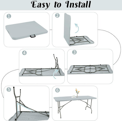 2 Pack 6 FT Folding Tables Grey Foldable Table, Fold-in-Half with Carrying Handle Portable Plastic Rectangular Table for Party, Dining, Wedding, Camping, Picnic, Indoor Outdoor Events