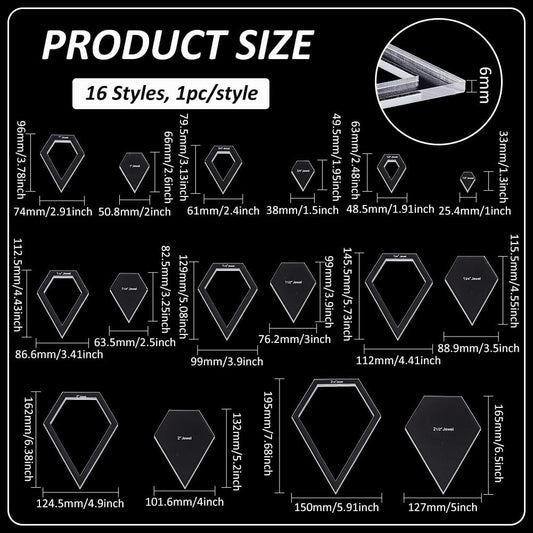 BENECREAT 16 Sizes Jewel Quilting Template, Acrylic Intricate Sewing Machine Ruler, Transparent Pressure Plate Router Template for DIY Hand Patchwork Cutting Craft, 6mm Thick