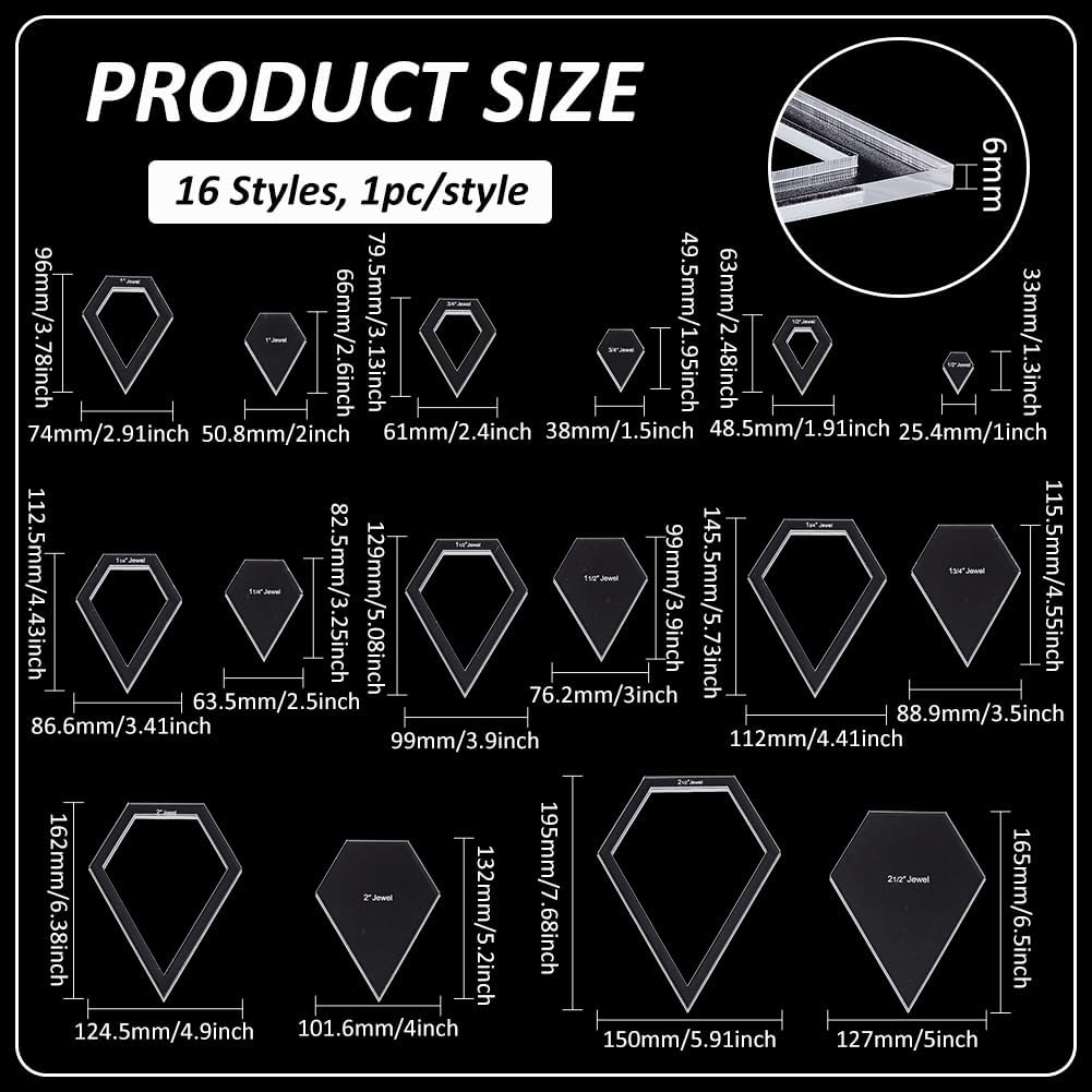 BENECREAT 16 Sizes Jewel Quilting Template, Acrylic Intricate Sewing Machine Ruler, Transparent Pressure Plate Router Template for DIY Hand Patchwork Cutting Craft, 6mm Thick