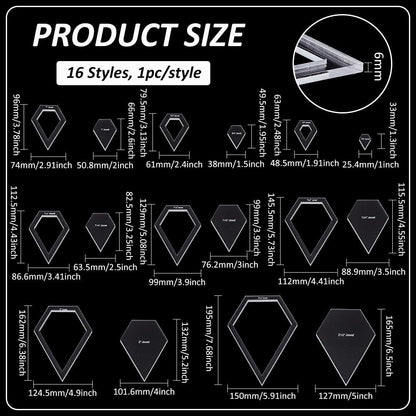 BENECREAT 16 Sizes Jewel Quilting Template, Acrylic Intricate Sewing Machine Ruler, Transparent Pressure Plate Router Template for DIY Hand Patchwork Cutting Craft, 6mm Thick