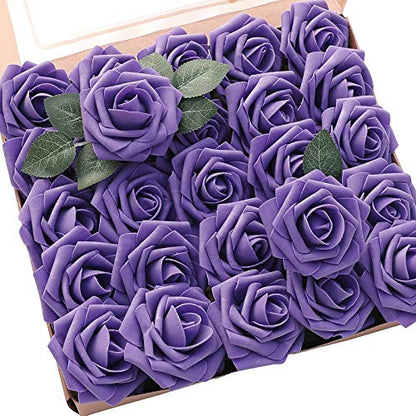 Artificial Flowers 25pcs Real Looking Violet Purple Foam Fake Roses with Stems for DIY Wedding Bouquets Bridal Shower Centerpieces Floral Arrangements Party Tables Home Decorations (25 Count)