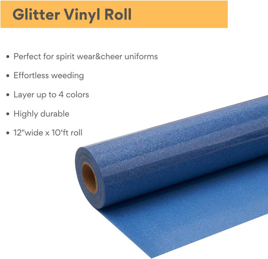 Royal Blue Glitter HTV Roll -12" x10ft Iron on Heat Transfer Vinyl for DIY Shirts Gifts