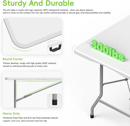 Folding Table 6ft, Foldable Portable Heavy Duty Plastic Fold-in-Half Utility Table with Handle & Safety Locks, Picnic Table Indoor Outdoor for Camping, Picnic and Party