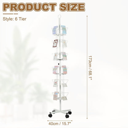 PATIKIL 6 Tier Rotating Greeting Card Rack, Metal Spinning Greeting Card Display Stand Portable Postcard Rack Holder Organizer for Postcard Sticker Photo Desk Book Stamp, White