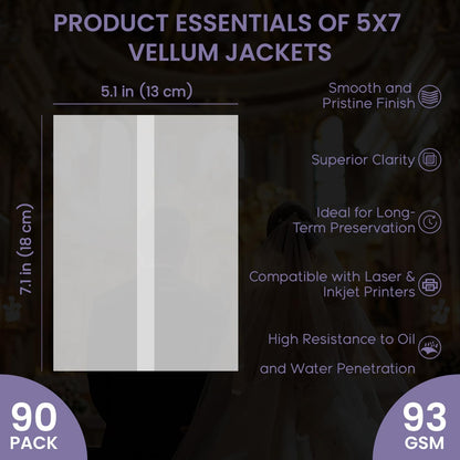 SuFly Pre-Folded Vellum Jackets for 5x7 Invitations, 90-Pack (60lb/93gsm) Translucent Vellum Paper 5x7 Sleeves, Invitation Jackets, Elegant Wedding Invitation Accessories, Envelope Liners, DIY Crafts.