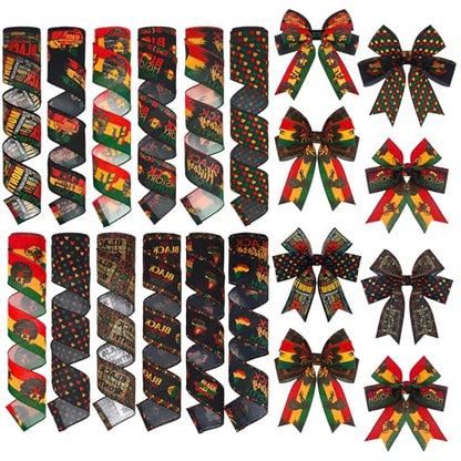 12 Rolls Black History Month Ribbons 2 Inch x 60 Yards Wired Edge Fabric Ribbons Craft Assortment Black History Month Themed Pattern Wrapping Crafts for DIY Gift Hair Sewing Wreath 12 Styles (12 Count)