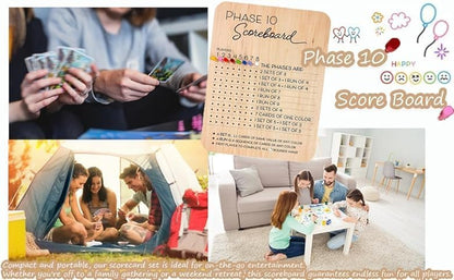 Phase 10 Score Board, 2025 New Wooden Phase 10 Scoreboard and Round Tracker with 8 Colored Pegs, Phase 10 Score Sheets, Board Card Games for Party Family Adults