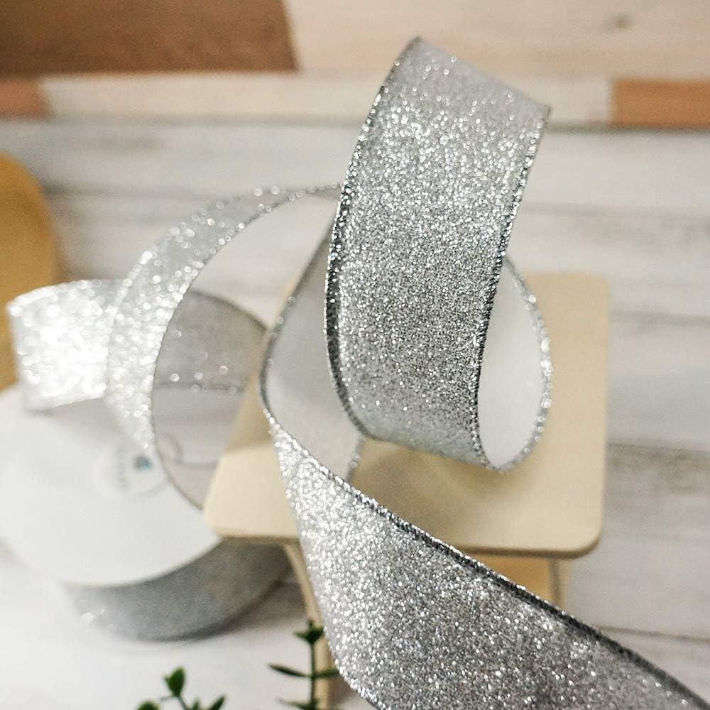 CT CRAFT LLC Glitter Wired Ribbon 1.5" x 10 Yards Silver for Christmas Home Decor Bow Gift Wrapping DIY Crafts Wreath - Crafty Corner