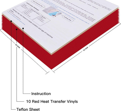 JANDJPACKAGING Red Heat Transfer Vinyl HTV for T-Shirts,10 Pack 12" x 10" Sheets for Iron On T Shirts - for Silhouette Cameo Or Cricut - Heat Press Machine