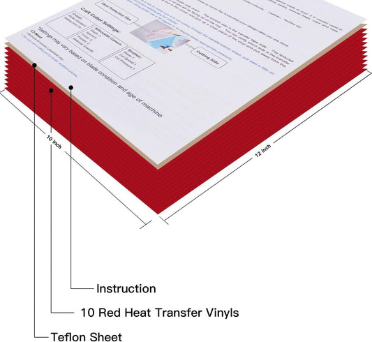 JANDJPACKAGING Red Heat Transfer Vinyl HTV for T-Shirts,10 Pack 12" x 10" Sheets for Iron On T Shirts - for Silhouette Cameo Or Cricut - Heat Press Machine