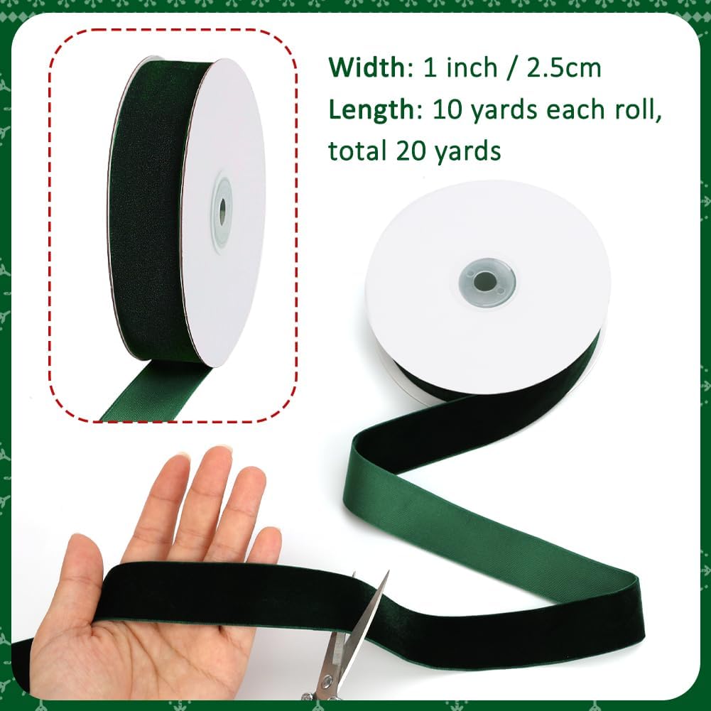 Dark Green Velvet Ribbon, 1 Inch x 20 Yards Single Faced Green Ribbon for Gift Wrapping, Bow Making, Christmas Tree Decorations, Wreath Making and DIY Crafts (10 Yards Each Roll) - Crafty Corner