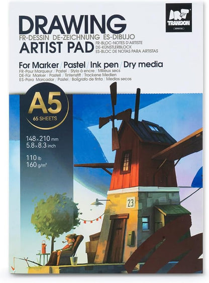 TRANSON Artist Mix Media Sketchbook Marker Pad, 5.8”x8.3” 65 Sheets A5 Art Papers, 110lb/160gsm for Painting, Drawing and Sketching - Crafty Corner