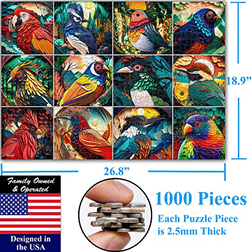Colorful Birds 1000 Pieces Jigsaw Puzzle. Paper Cut Craft Style. Fun for Teens