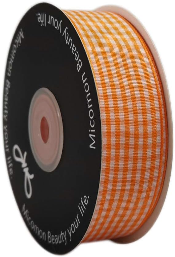 Micomon Orange Gingham Plaid Checked Ribbon 25 Yard Each Roll 100% Polyester (1", Orange) - Crafty Corner