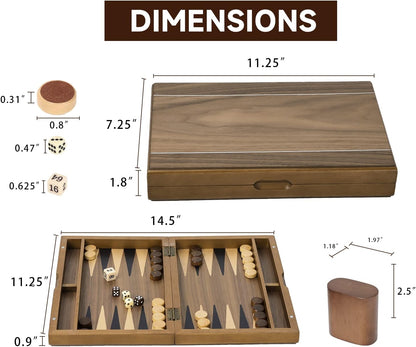 GSE Games & Sports Expert Premium Magnetic Wooden Folding Inlay Backgammon Board Game Set, Portable Travel Board Game (Double Stripe- 11 Inches)