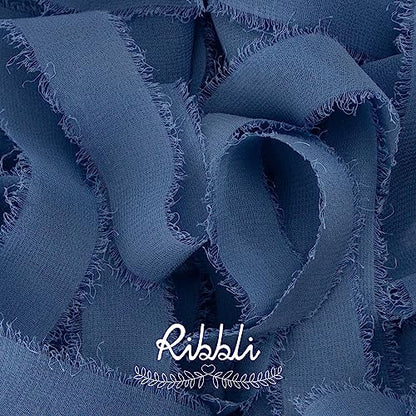 Dusty Blue Chiffon Ribbon 1 Inch x 20 Yard Handmade Fringe Chiffon Silk Ribbon Dusty Blue Ribbon for Gifts Wrapping (60 Foot)