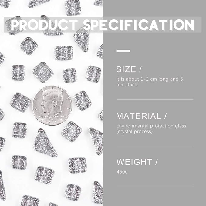 Swpeet 1 Pound Sliver Shine Crystal Series Mosaic Tiles Assortment Kit, Square and Triangle Genuine Mosaic Tiles Glitter Crystal Mosaic Perfect for Home Decoration Crafts Supply