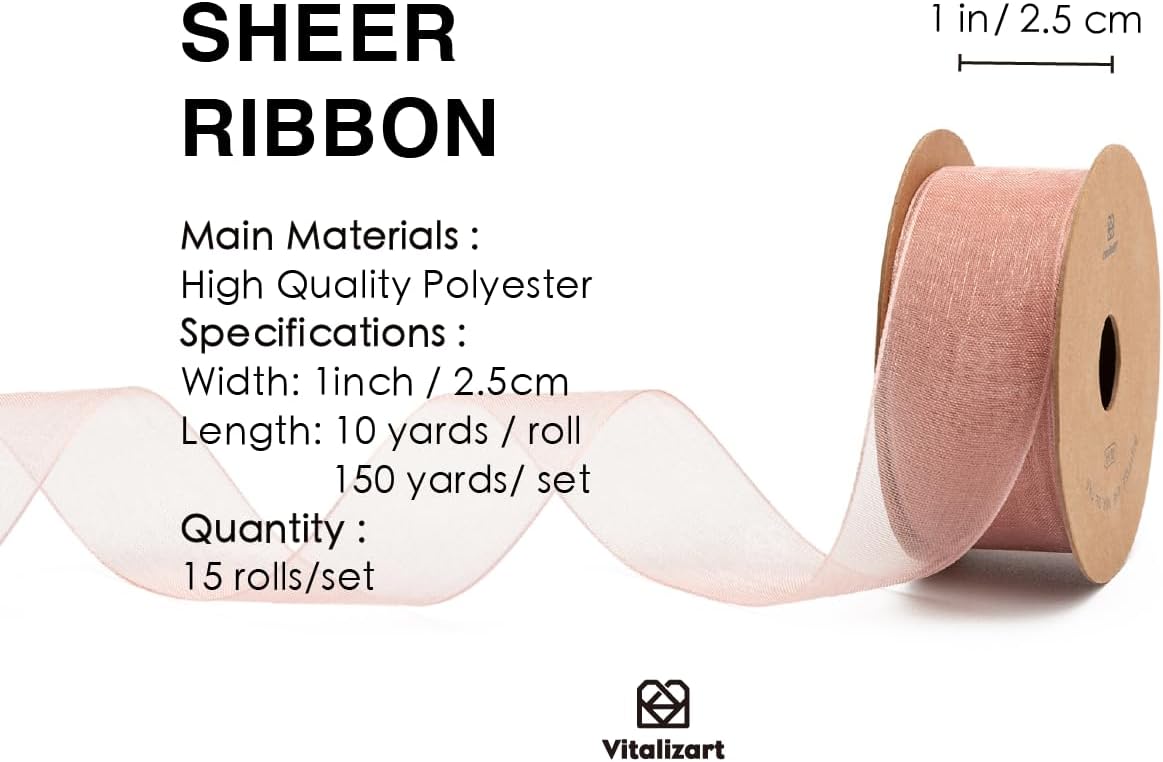 Vitalizart 1" x 150 Yd Organza Ribbon Mixed Color Sheer Ribbons Set 10 Yd x 15 Rolls Handmade for Gift Wrapping Christmas Tree Crafts Bows Wedding Invitations Wreaths Wrap