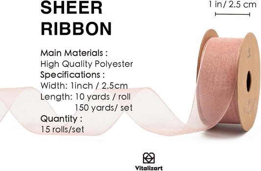 Vitalizart 1" x 150 Yd Organza Ribbon Mixed Color Sheer Ribbons Set 10 Yd x 15 Rolls Handmade for Gift Wrapping Christmas Tree Crafts Bows Wedding Invitations Wreaths Wrap