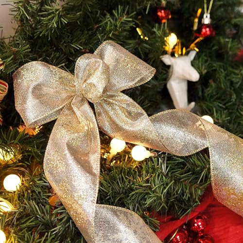 Champagne Gold Metallic Fabric with Gold Snowflake Wired Ribbon 2.5 Inch x 10 Yards for Christmas Home Decor Tree Topper Bow Gift Wrapping DIY Crafts Wreath Garland (30 Foot)