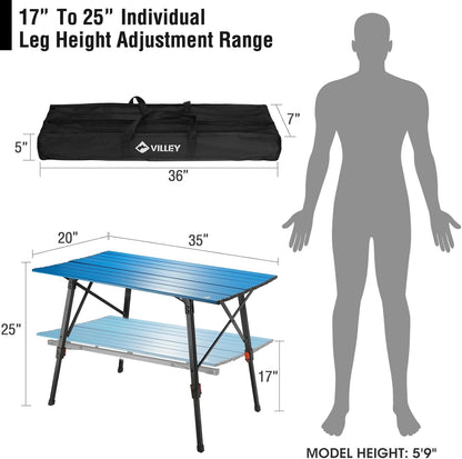 VILLEY Portable Camping Table with Adjustable Legs, Lightweight Aluminum Folding Beach Table with Carrying Bag for Outdoor Cooking, Picnic, Beach, Backyards, BBQ and Party