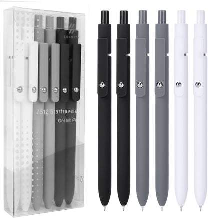 FIOVER Gel Pens, 6pcs 0.5mm Fine Point Black Ink, Smooth Writing Pens for Journaling, Nurse Aesthetic Cute Office School Supplies, Gifts for Women and Men(6Pcs Black White Grey-Black Ink)