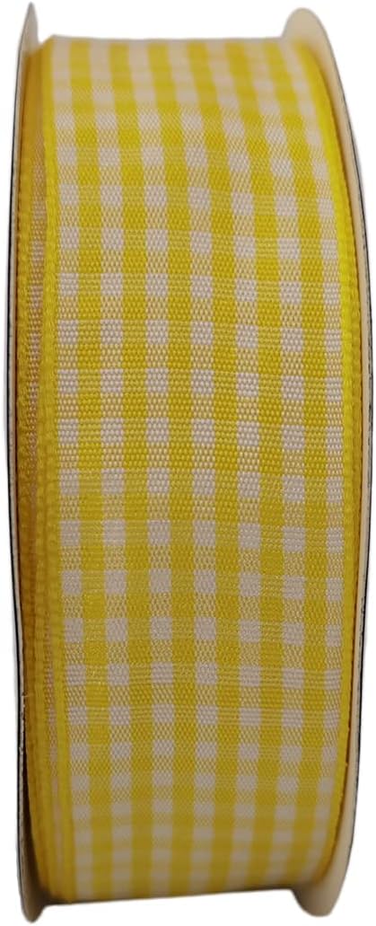 Yellow and White Gingham Ribbon Christmas Ribbon 25 Yards Each Roll 100% Polyester (1", Yellow) - Crafty Corner