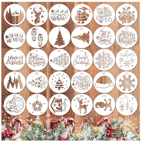 30pcs Small Christmas Stencils for Painting on Wood Reusable Drawing Merry Christmas Stencil 3 Inch Stencils for Ornament DIY Crafts Xmas Balls Home Décor (30 Count)