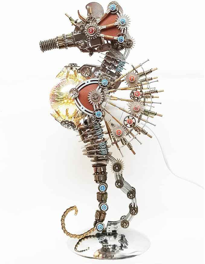 Meatalkitor 3D Puzzle Steampunk Seahorse Lamp - 2100PCS Metal Mechanical Model Kit with 16 Color Planet Light - Perfect Room Decor and Gift Choice (Firework LAMP)